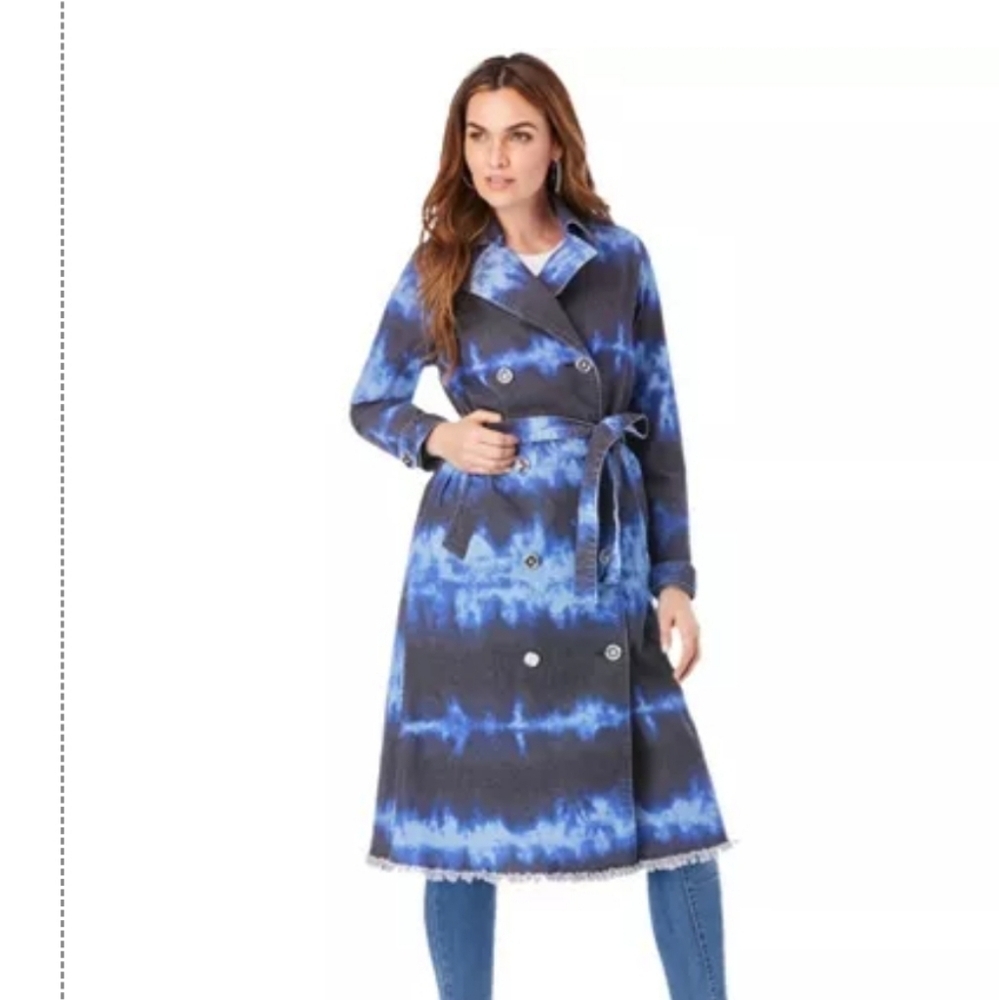 Indigo Striped Tye-Dye Denim Raw Hem Trench Coat, Women's Size 1X